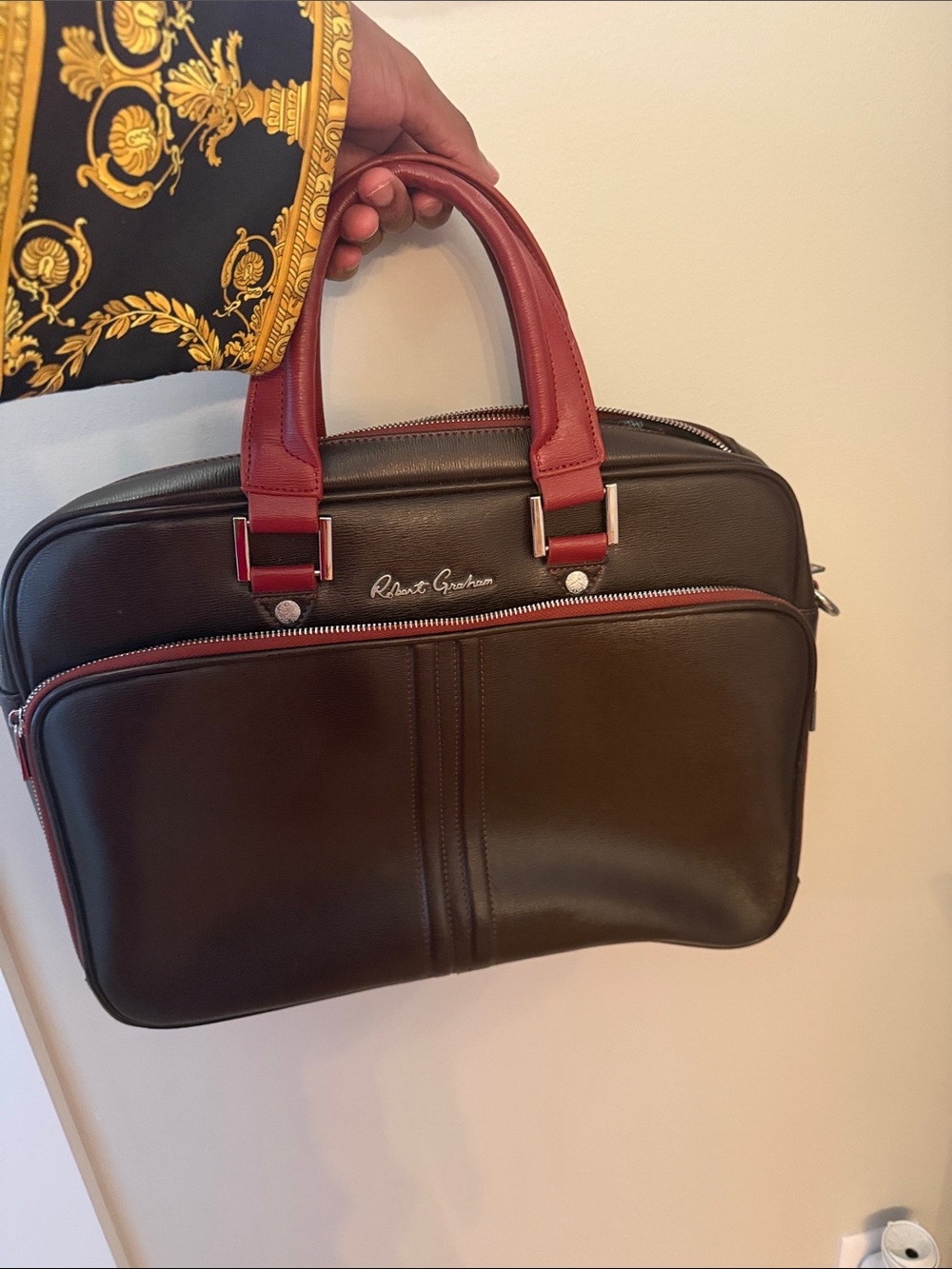 Robert Graham Brown Leather Briefcase with Red Handles
